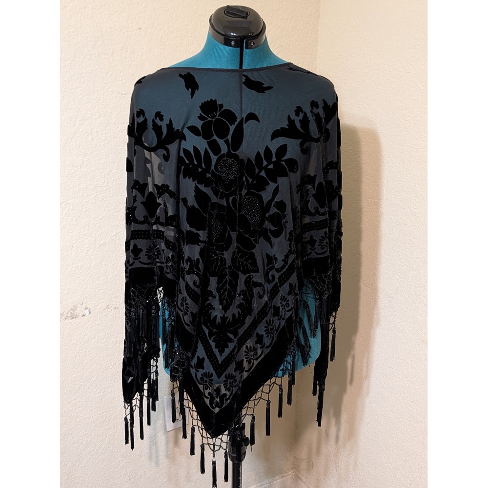 Black Velvet Devore Floral Beaded Poncho Wrap Tassel Fringe Shawl One Size